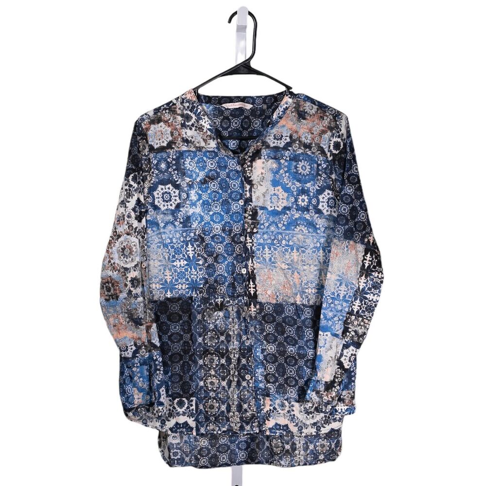 Soft Surroundings Women's Shirt Button Up Blue Brown Geometric Blouse Top Size L
